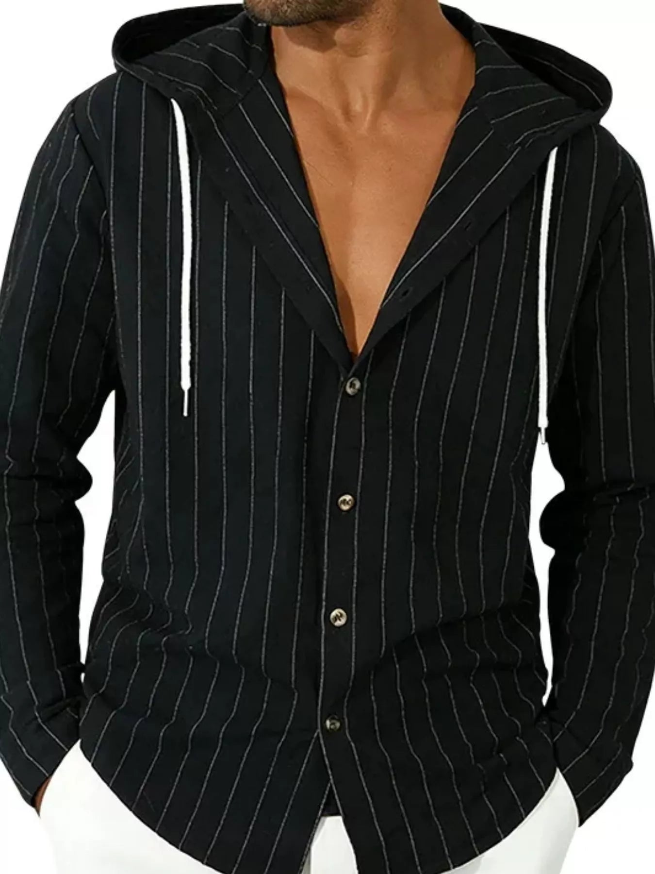Plus size men's drawstring hooded button-up shirt by Trendsi, featuring a casual fit and front button closure.