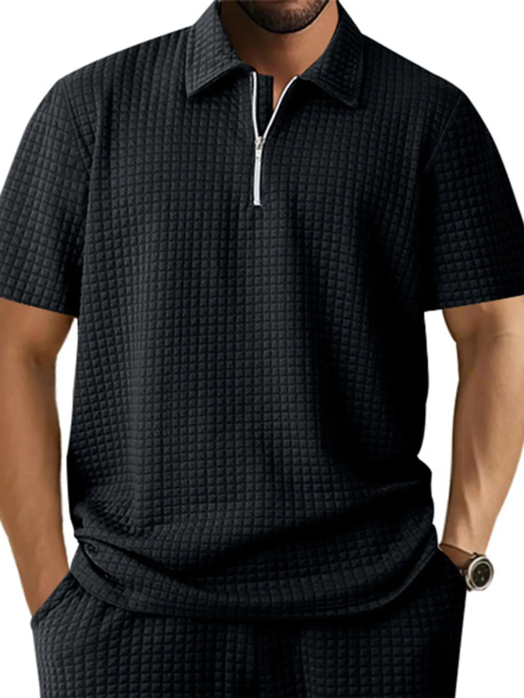 Men's waffle short sleeve polo shirt by Trendsi with zipper detail, featuring a stylish and casual design perfect for everyday wear.