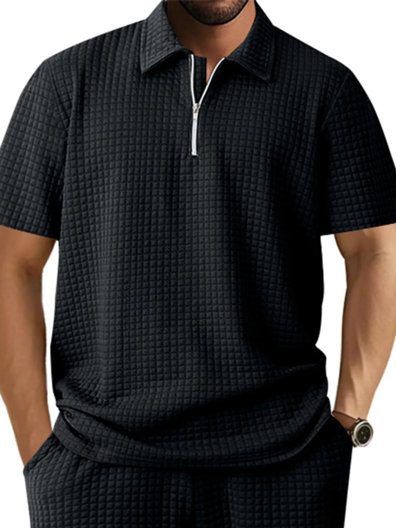 Men's waffle short sleeve polo shirt by Trendsi with zipper detail, featuring a stylish and casual design perfect for everyday wear.