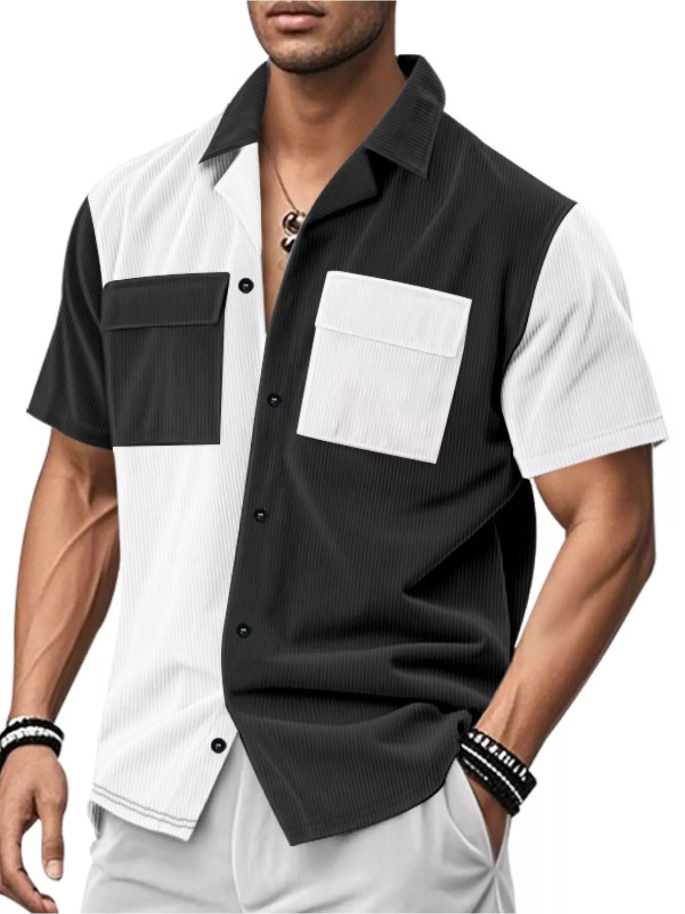 Color block corduroy short sleeve shirt for men by RIGOR, featuring bold color panels and classic collar detail.