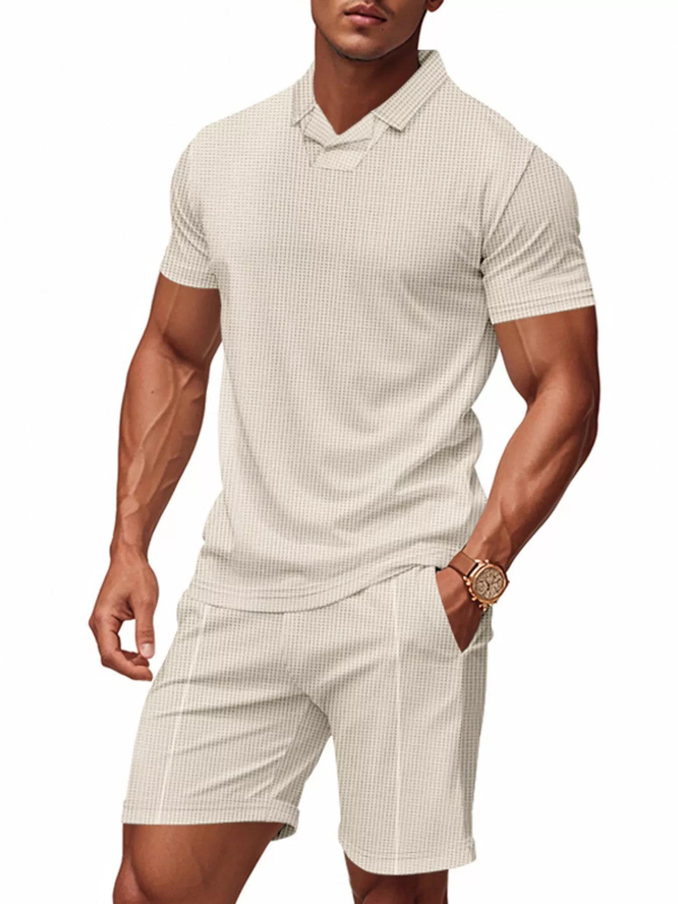 Trendsi RIGOR men's casual short sleeve polo and matching shorts set displayed on a model.