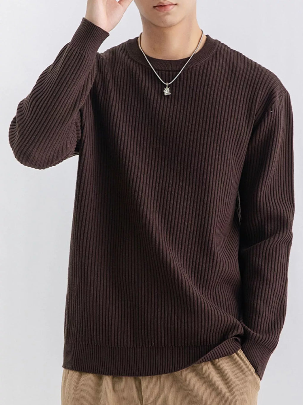Plus size men's ribbed knit crew neck sweater by ValiantMan, featuring a close-up of the textured fabric and classic fit.