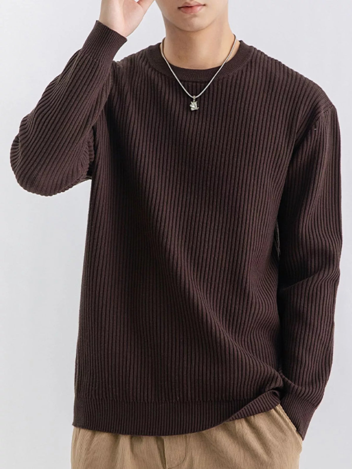 Plus size men's ribbed knit crew neck sweater by ValiantMan, featuring a close-up of the textured fabric and classic fit.