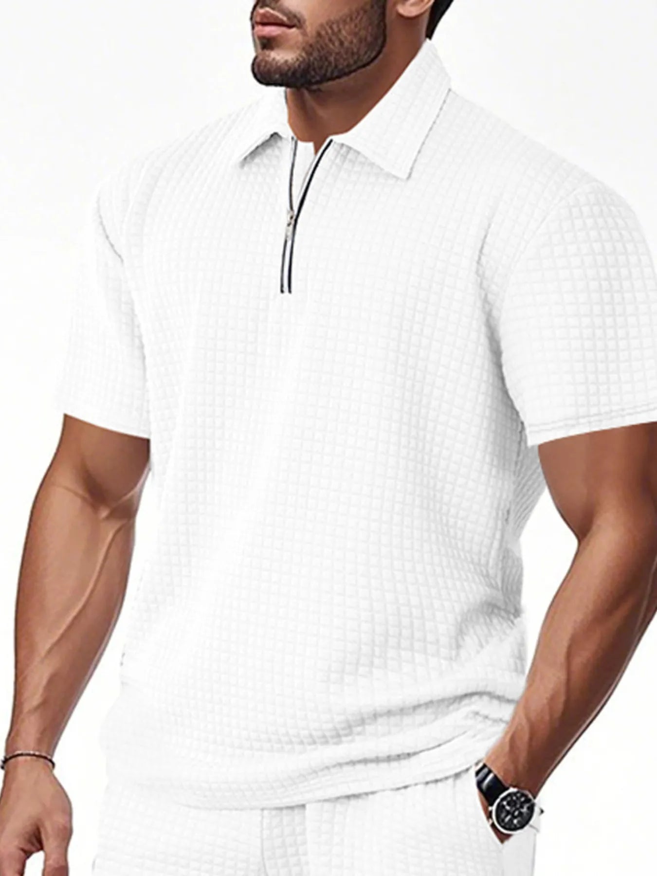 Men's waffle short sleeve polo shirt with zipper detail by Trendsi, featuring a classic collar and casual fit.