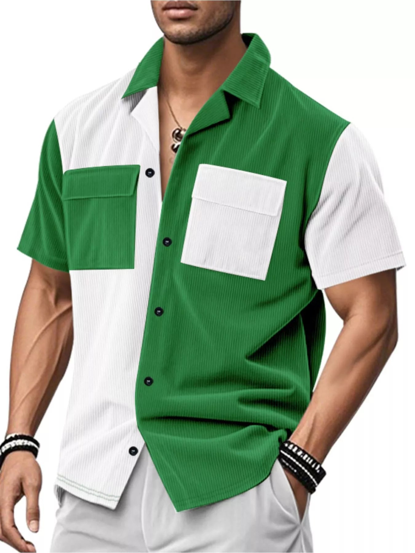 Men's color block corduroy short sleeve shirt by RIGOR, featuring a casual full-size design with vibrant color sections.