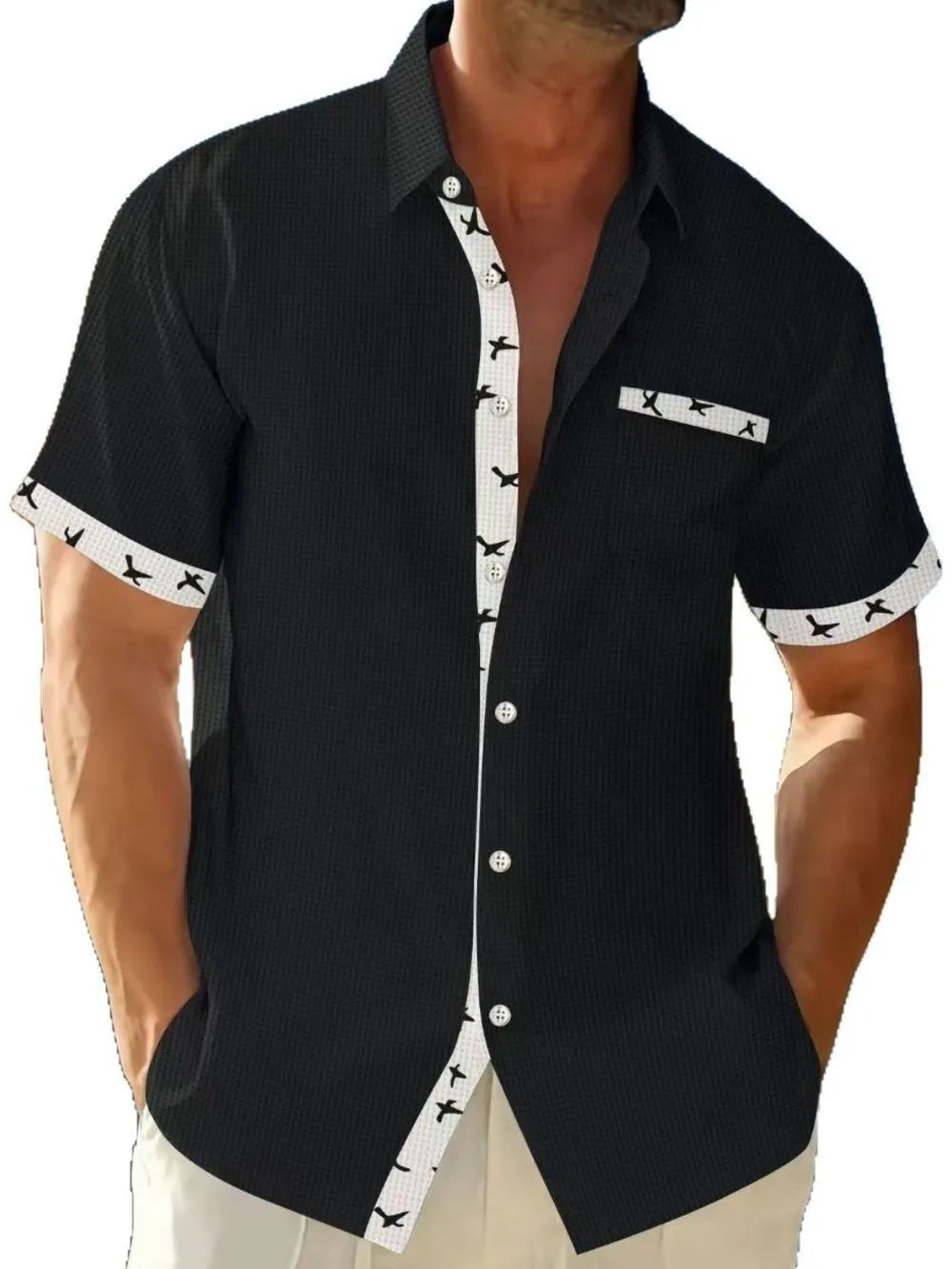 Men's waffle knit short sleeve shirt by Trendsi with contrast trim, full size, featuring a classic fit and stylish design.
