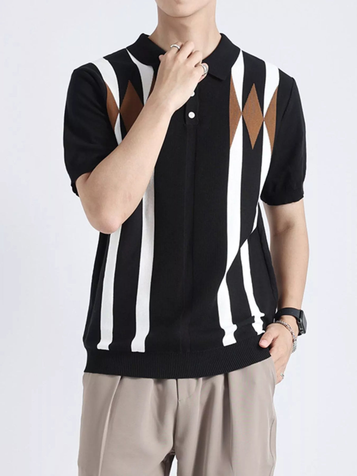 Plus size ValiantMan men's geometric pattern knitted polo shirt featuring a collared design and short sleeves.