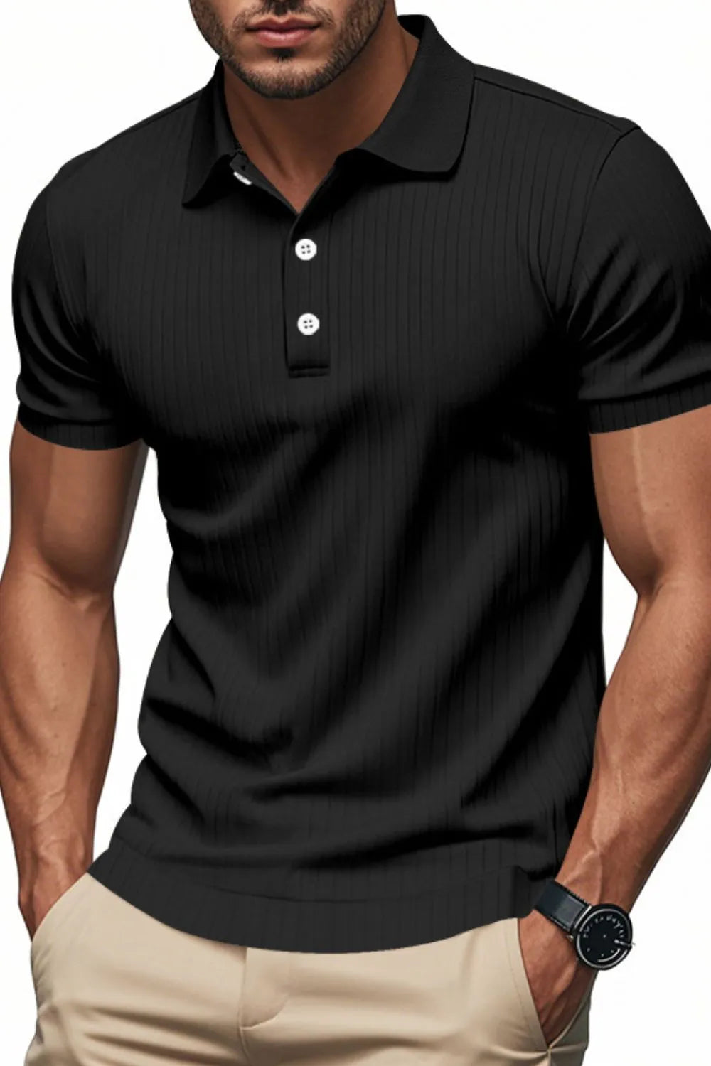 Men's full size ribbed short sleeve polo shirt by Trendsi, featuring a classic design and comfortable fit in a neutral color.