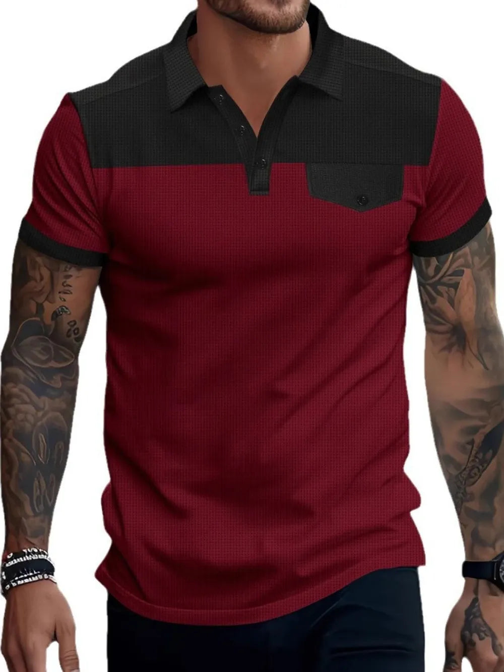 Men’s plus size waffle-knit polo shirt with a collar and contrast details from Trendsi, featuring a full-size fit and stylish design.