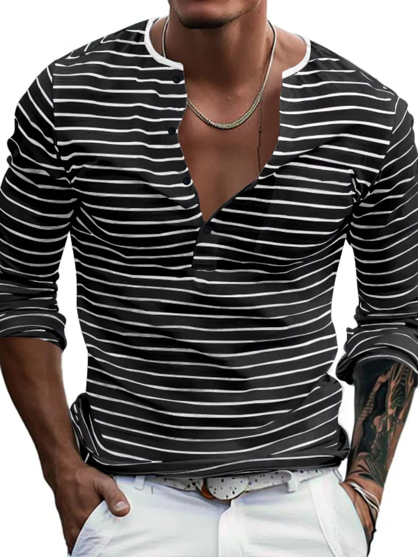 Men's striped long sleeve T-shirt by RIGOR, made by Trendsi, featuring a casual design with blue and white horizontal stripes.