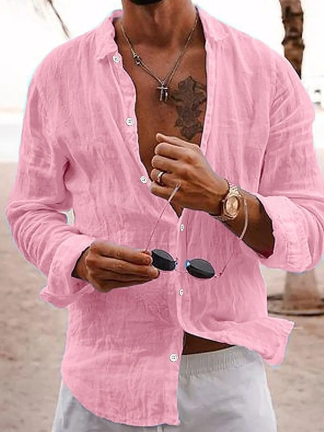 Men's full size button-up long sleeve shirt by Trendsi, shown in a clear image highlighting the collar, buttons, and fabric texture.