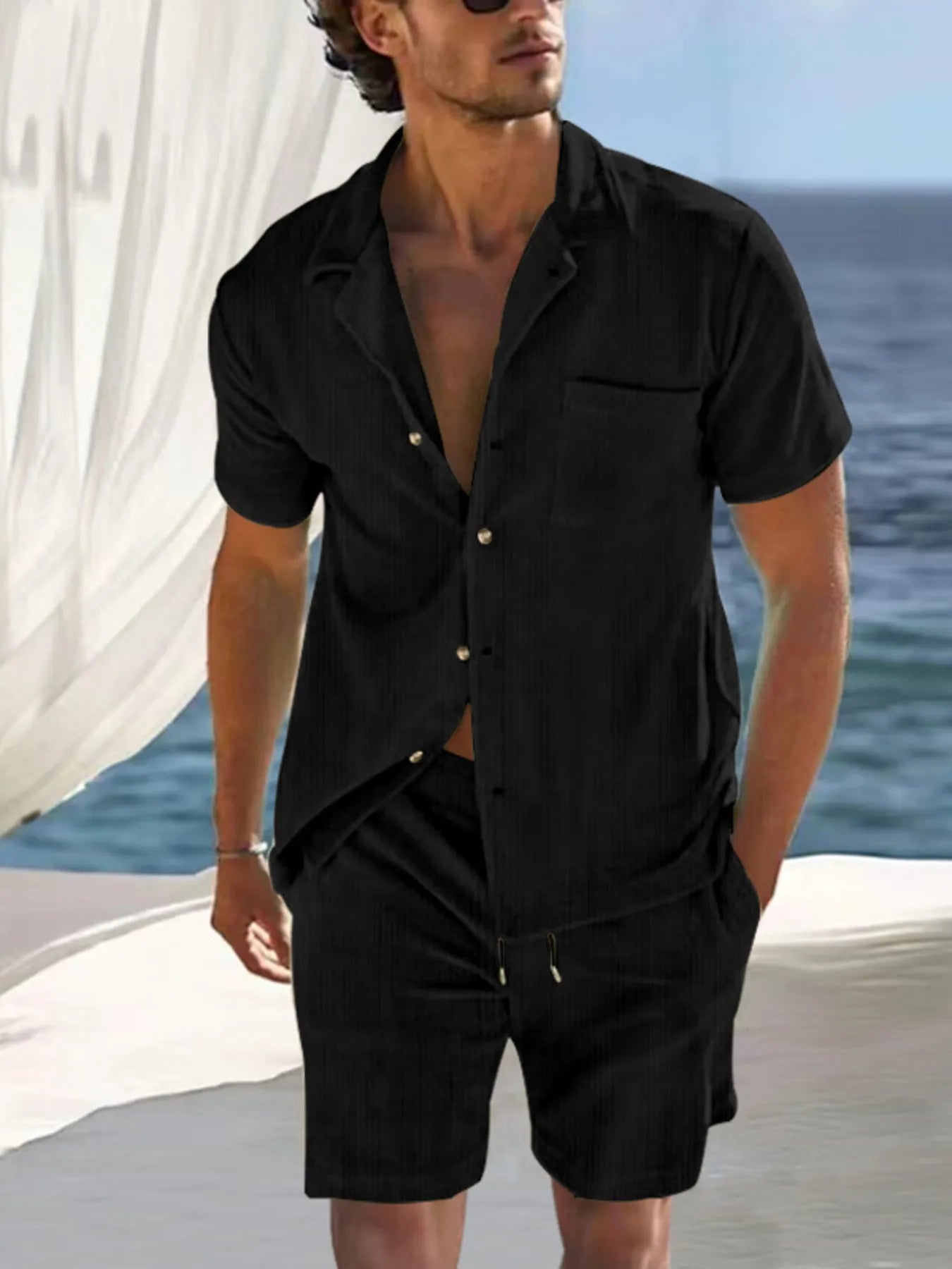 Trendsi DapperMate men's casual short sleeve polo shirt and matching shorts set, featuring a comfortable, stylish summer outfit.