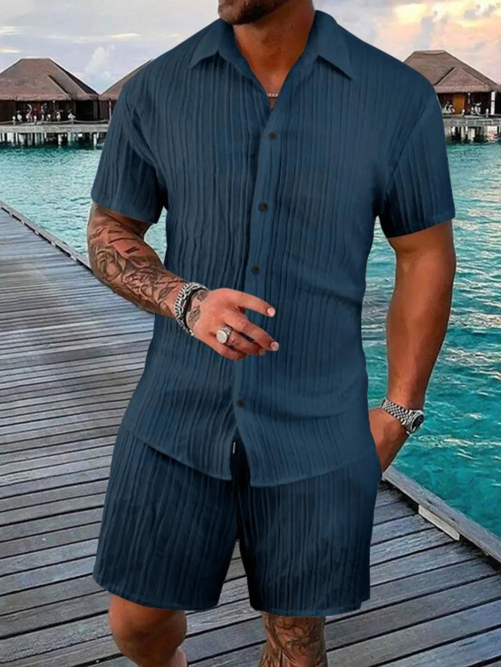 Trendsi AriaStyle men's full-size short sleeve shirt and matching shorts set, casual summer outfit, navy blue color, front view.