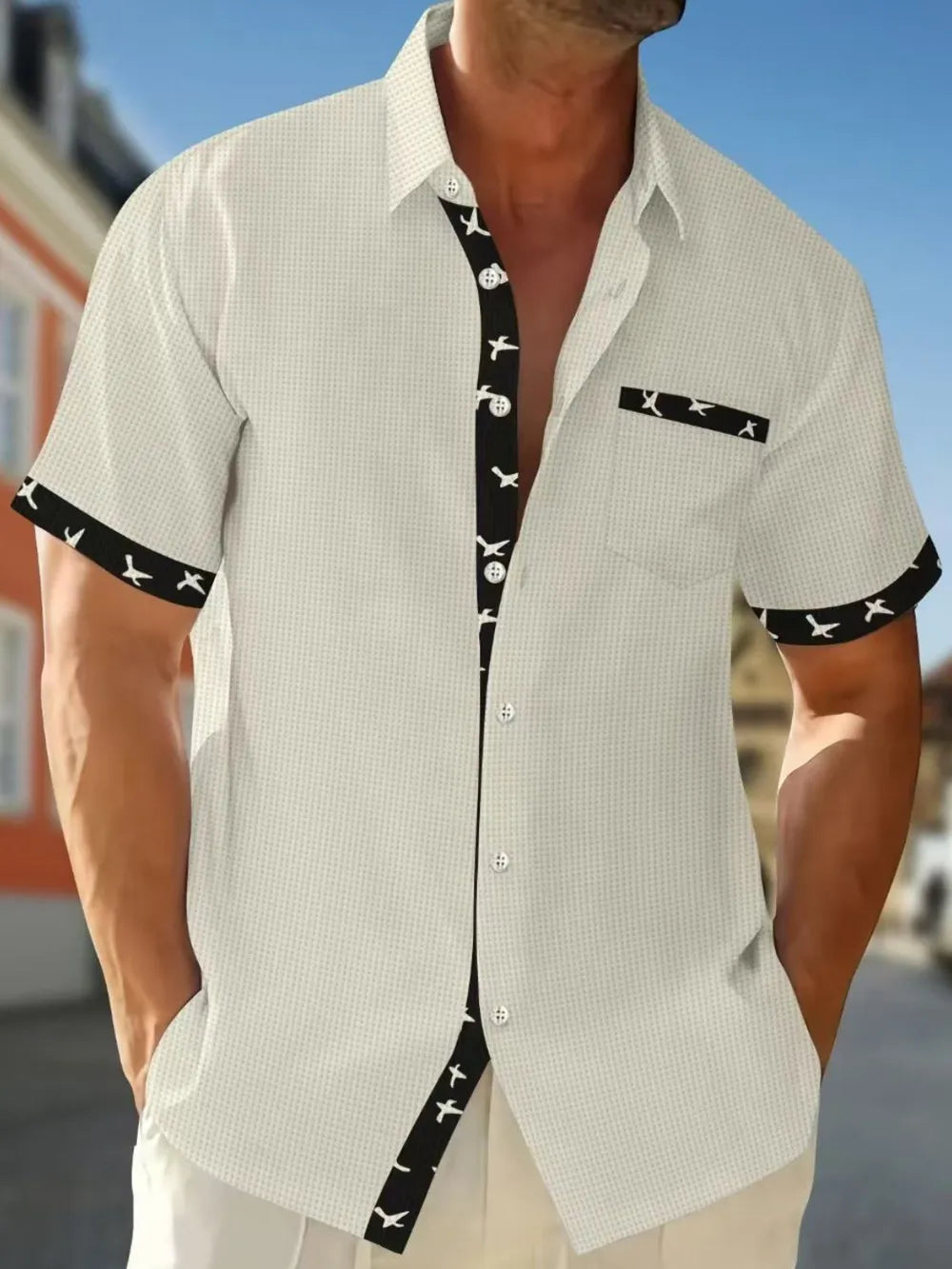 Men's waffle knit short sleeve shirt by Trendsi, AriaStyle with contrast trim, showcasing the textured fabric and casual style.