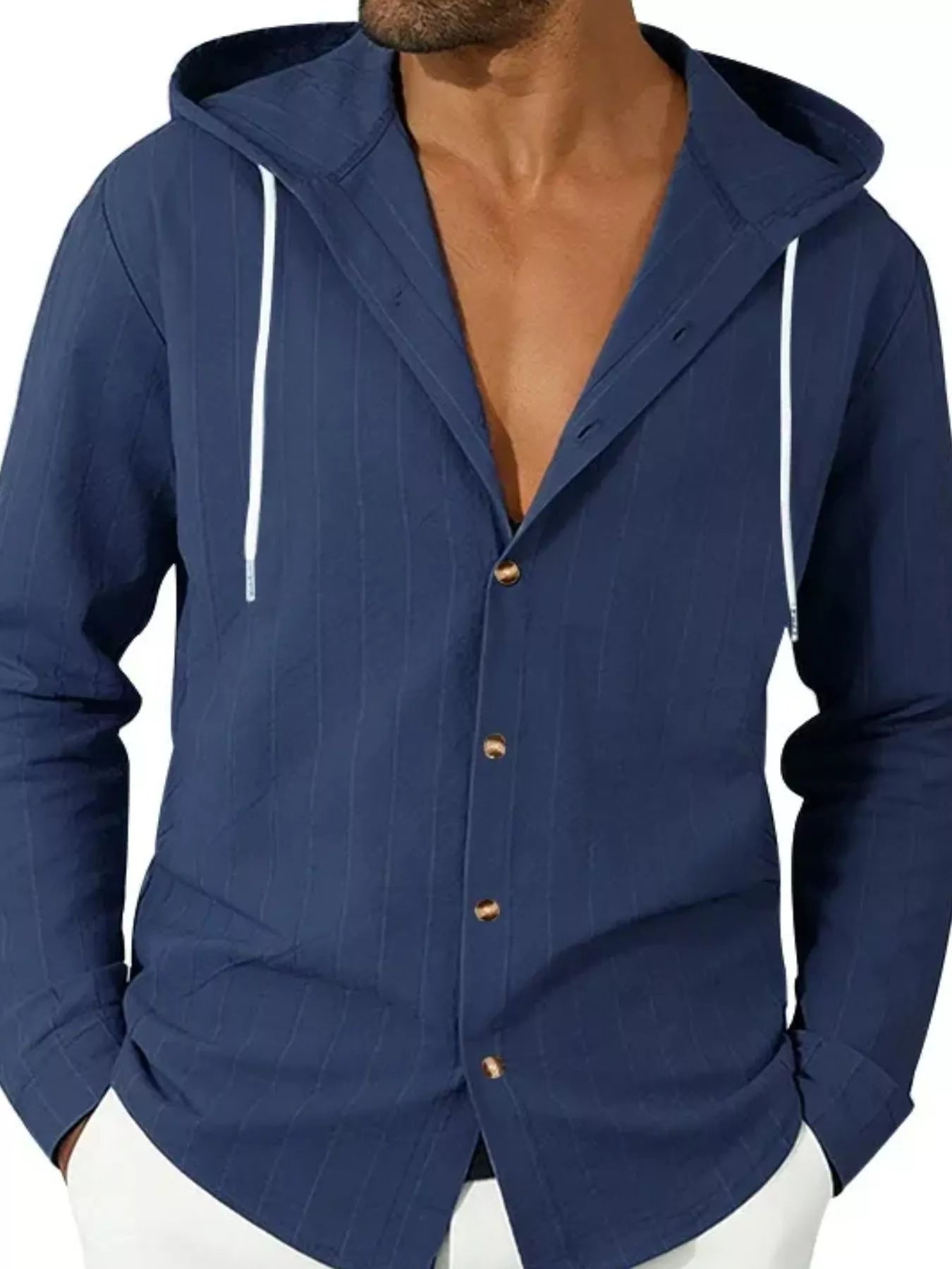 Plus size men's drawstring hooded button-up shirt by Trendsi, featuring a casual fit with front buttons and hood detail.