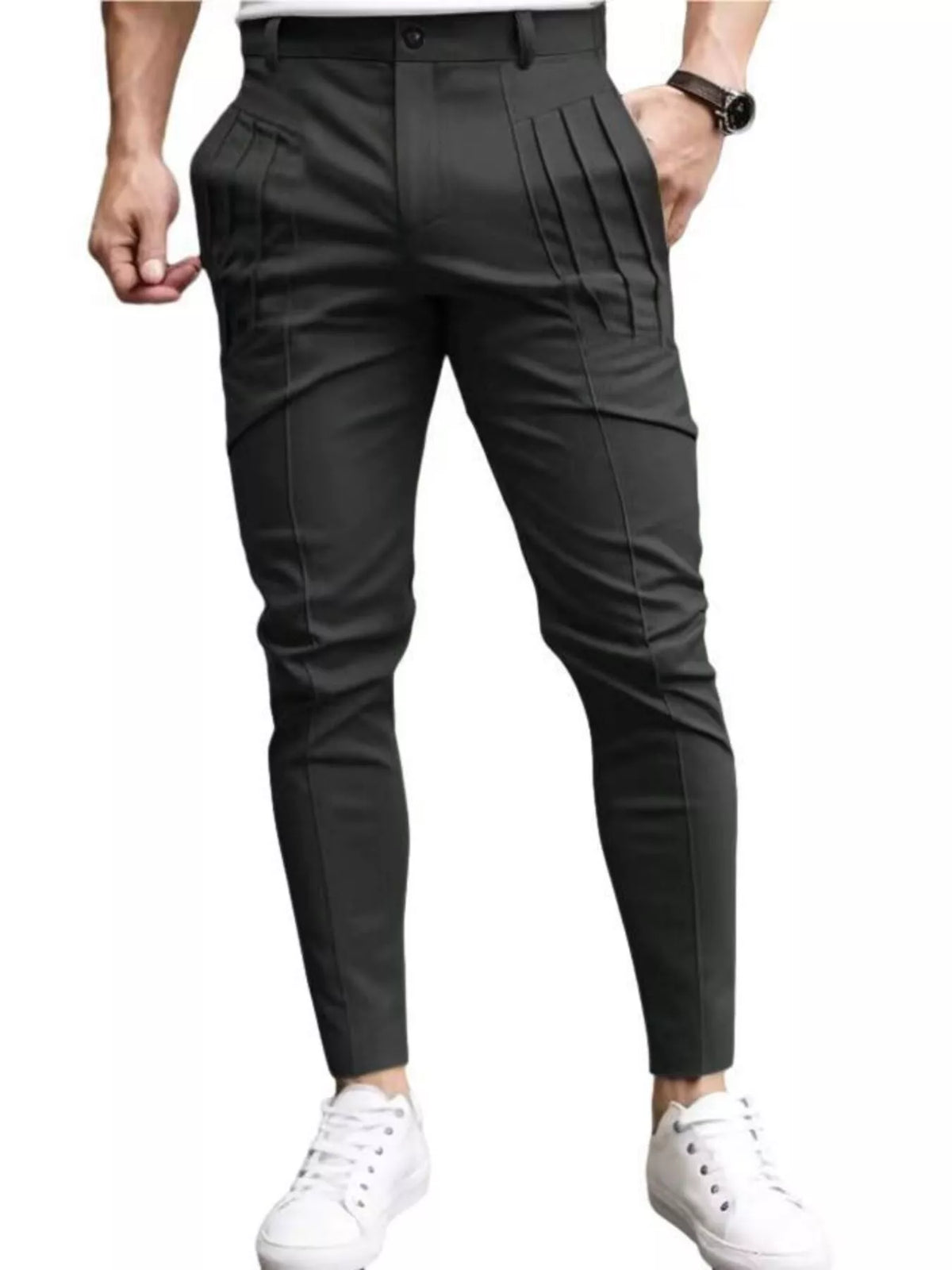 Nobilityze men's full-size pleated slim fit casual pants in plus size, beige color, showing front view with waistband and pleats