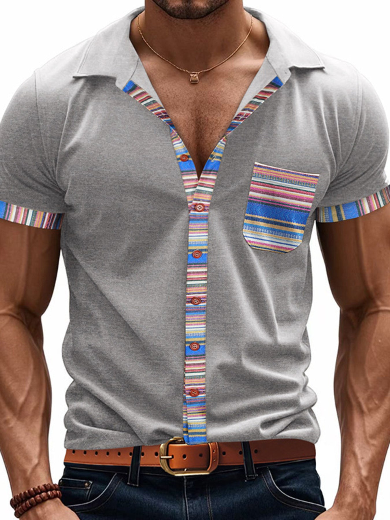 Men's full size short sleeve shirt with colorful trim from Trendsi, featuring a casual fit and vibrant accents.