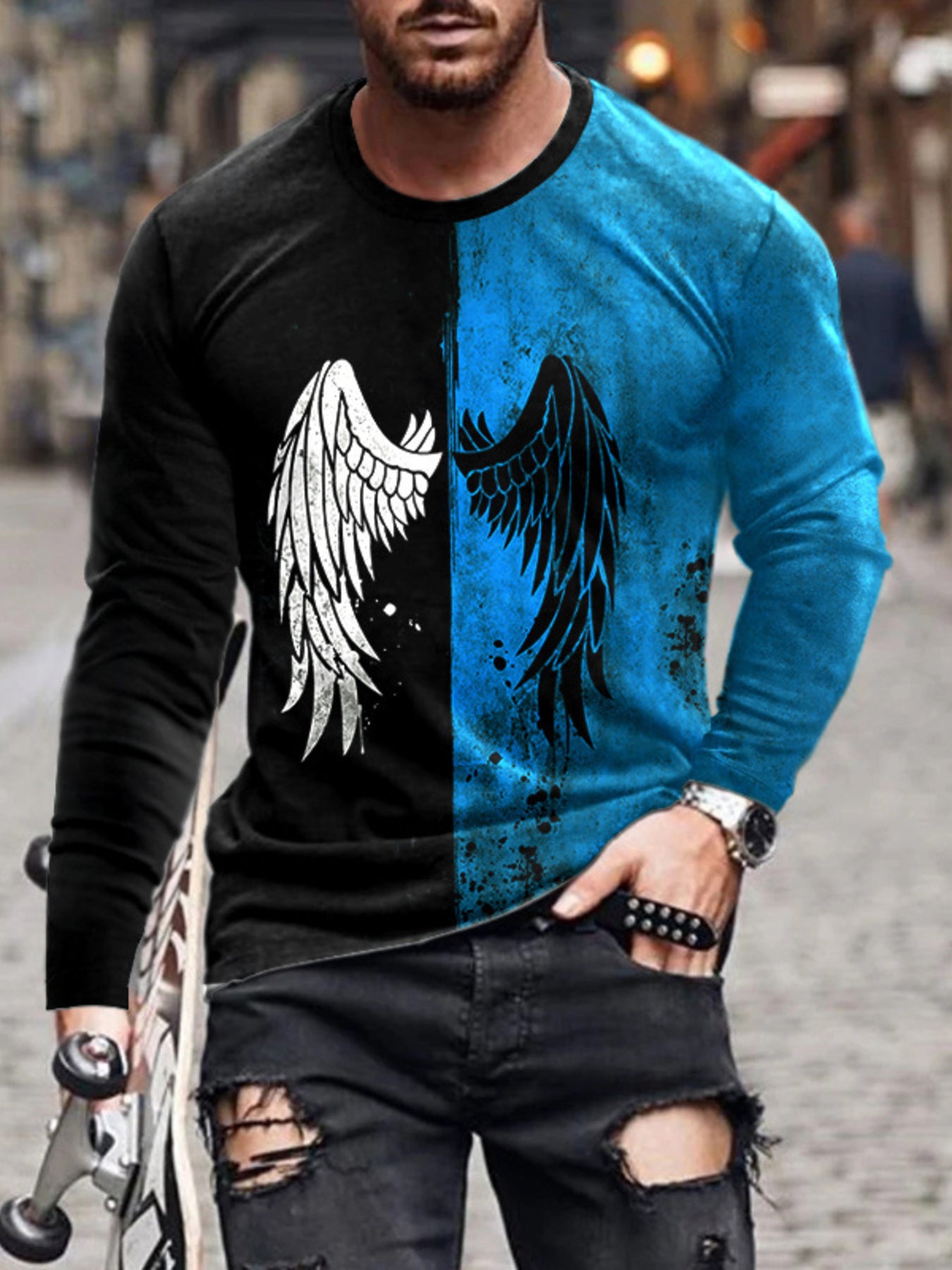 Men's full-size split-color wing graphic long-sleeve T-shirt by Trendsi, featuring bold wing design and comfortable fit.