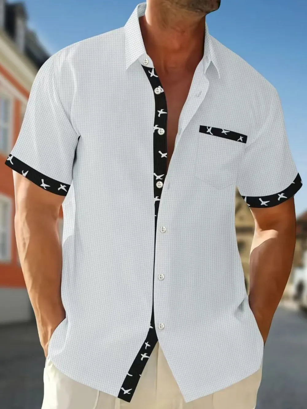 Men's waffle knit short sleeve shirt by Trendsi, AriaStyle with contrast trim, showing front view and textured fabric