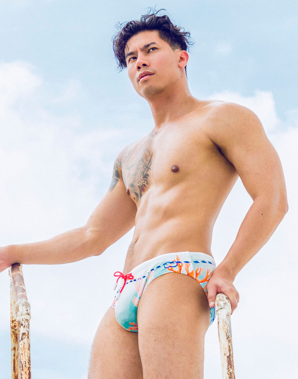 CITYBOYZ★USA 2Eros Coralscape swim brief featuring a colorful coral pattern and a stylish, comfortable fit for swimming.