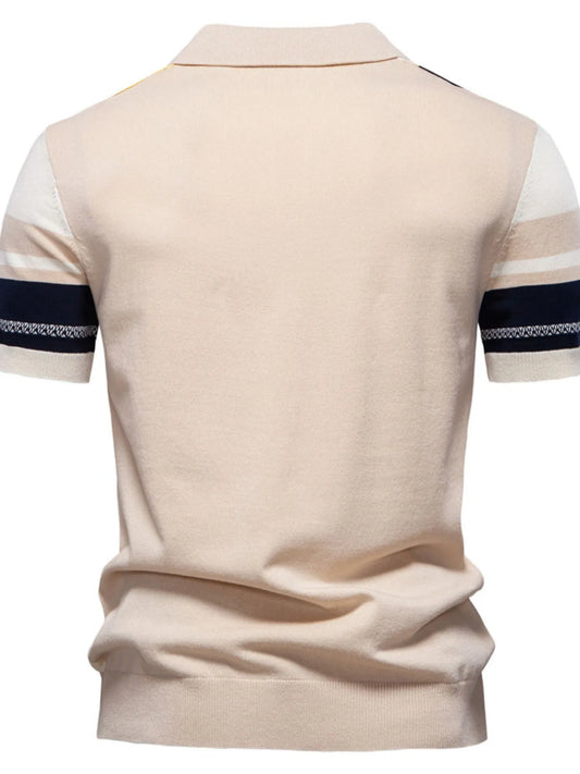 Men's contrast striped knit polo shirt by Trendsi, featuring a classic collar and short sleeves, displayed on a neutral background.