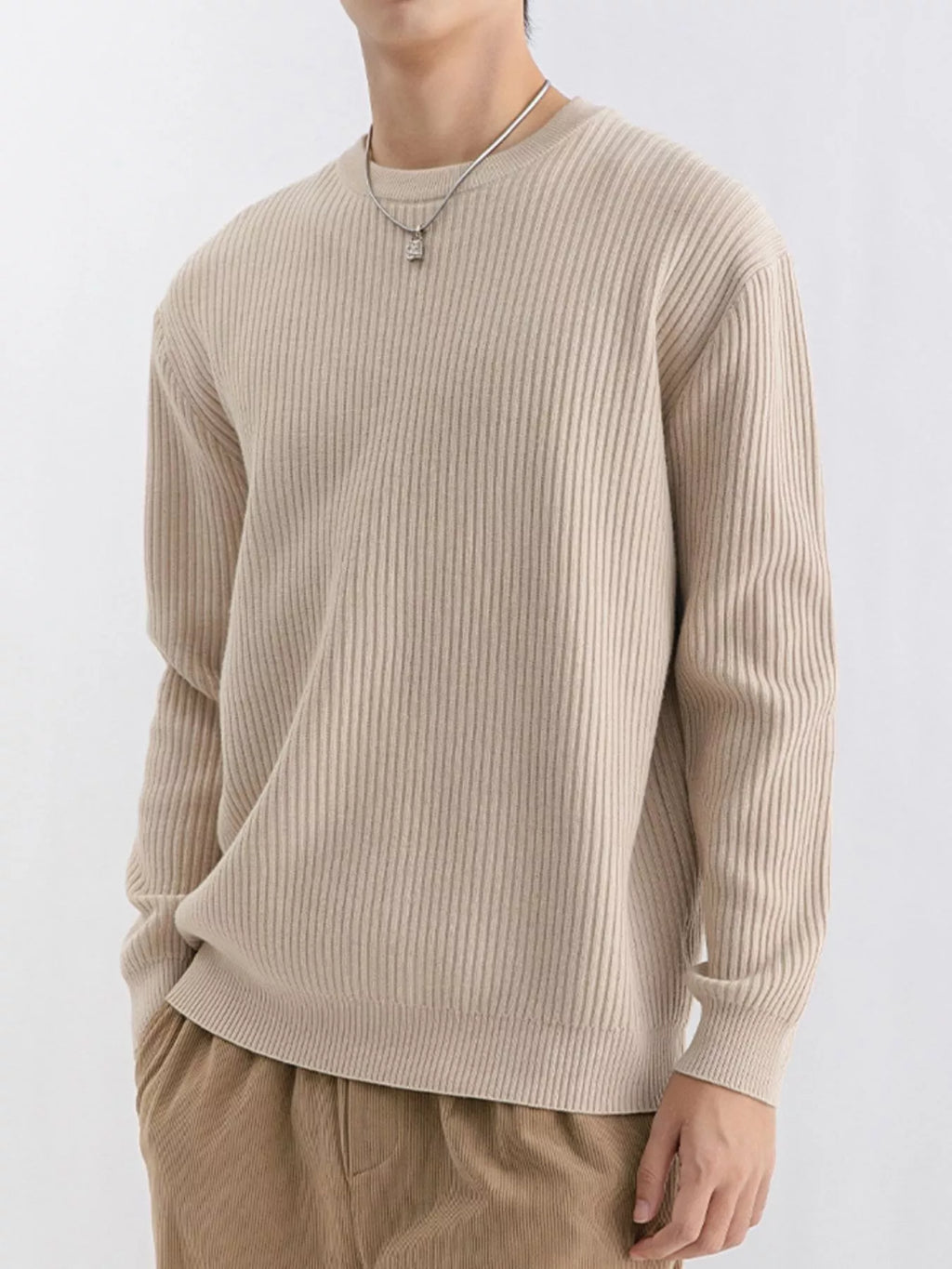 Plus size men's ribbed knit crew neck sweater by Trendsi, featuring a cozy, textured design in a versatile color.