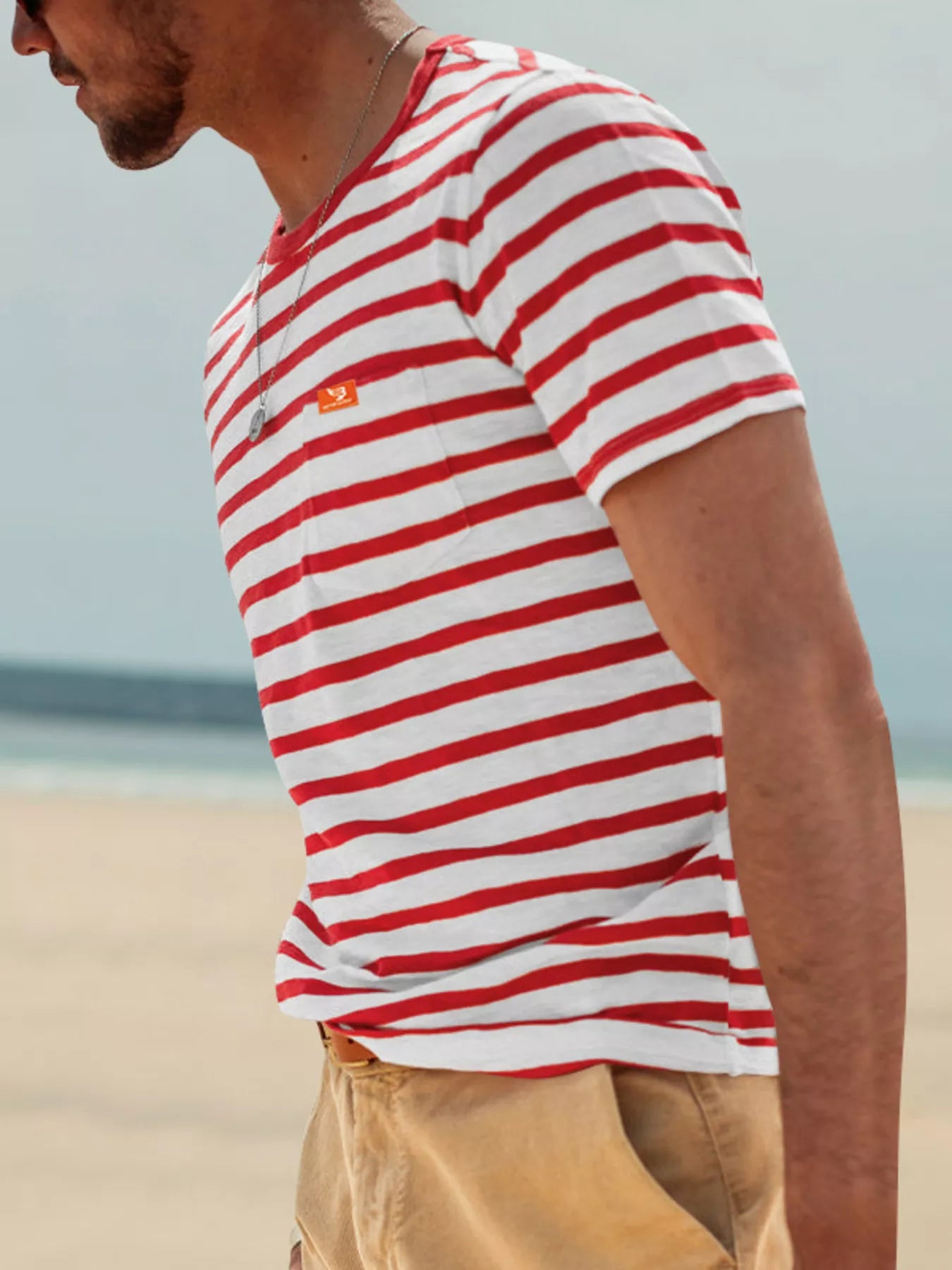RIGOR men's striped pocket short sleeve T-shirt in full size, casual fit, lightweight fabric, with chest pocket and crew neckline.