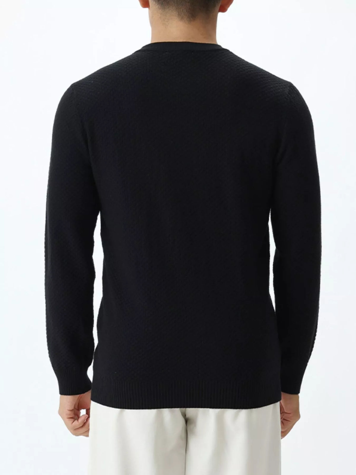 Plus size ValiantMan men's textured crew neck sweater, black knit sweater with subtle pattern, casual style, front view.
