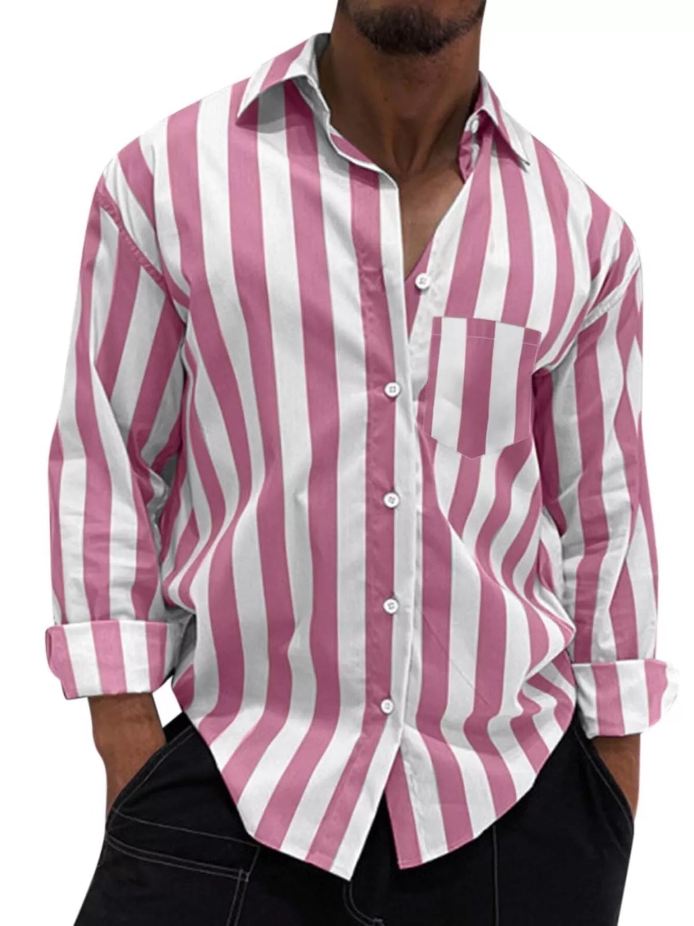 LusterMan men's long sleeve button-up shirt by Trendsi, with a classic collar and striped pattern, shown on a model.