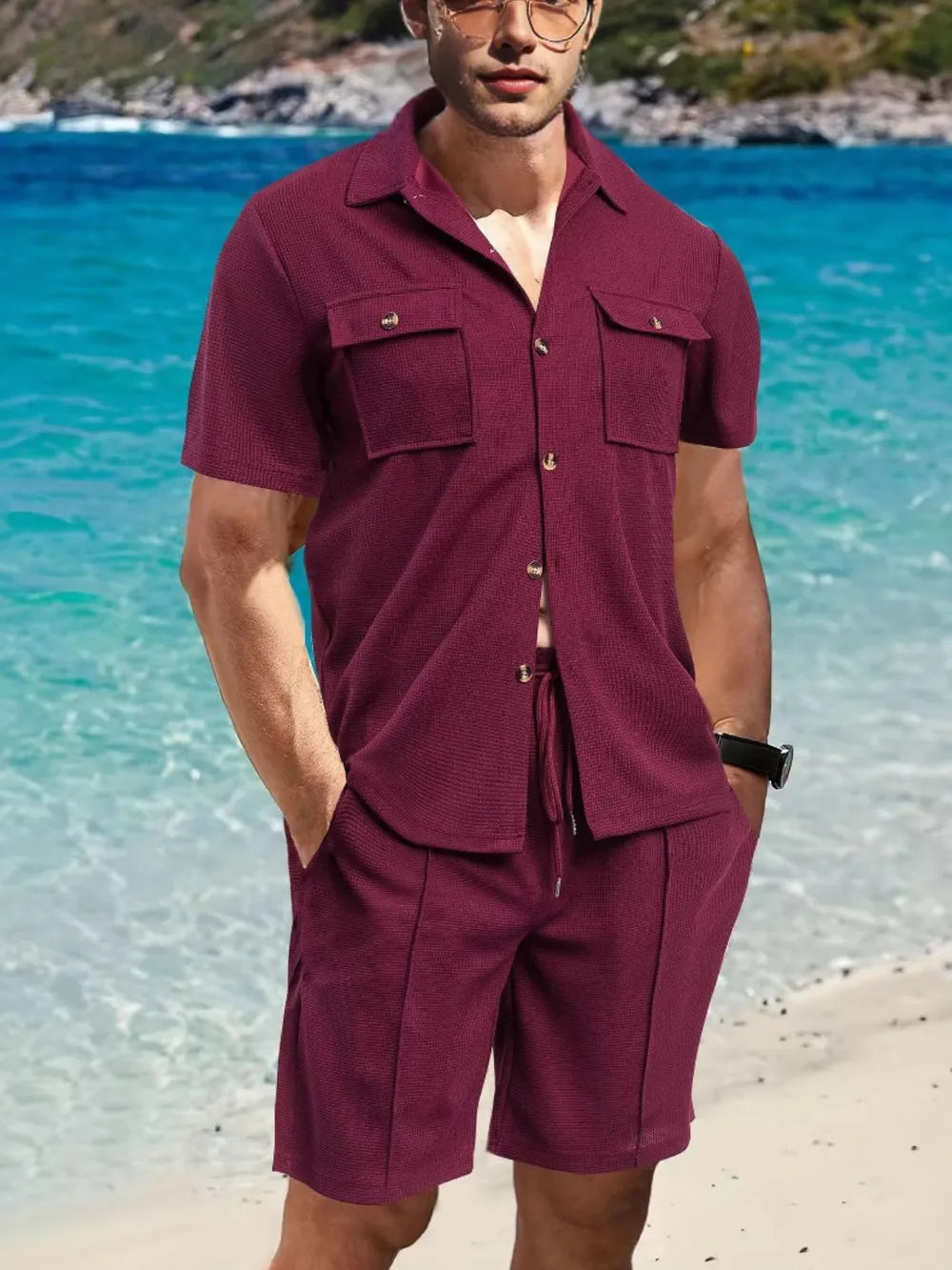 Trendsi AriaStyle men's full size short sleeve button-down top and matching shorts set, casual summer outfit, front view.