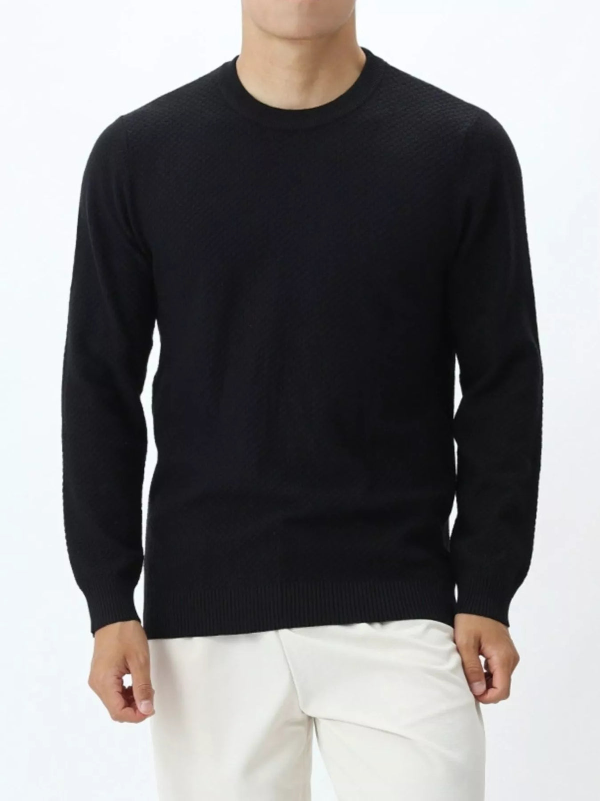 Plus size men's textured crew neck sweater by Trendsi, featuring a cozy knit design and comfortable fit.