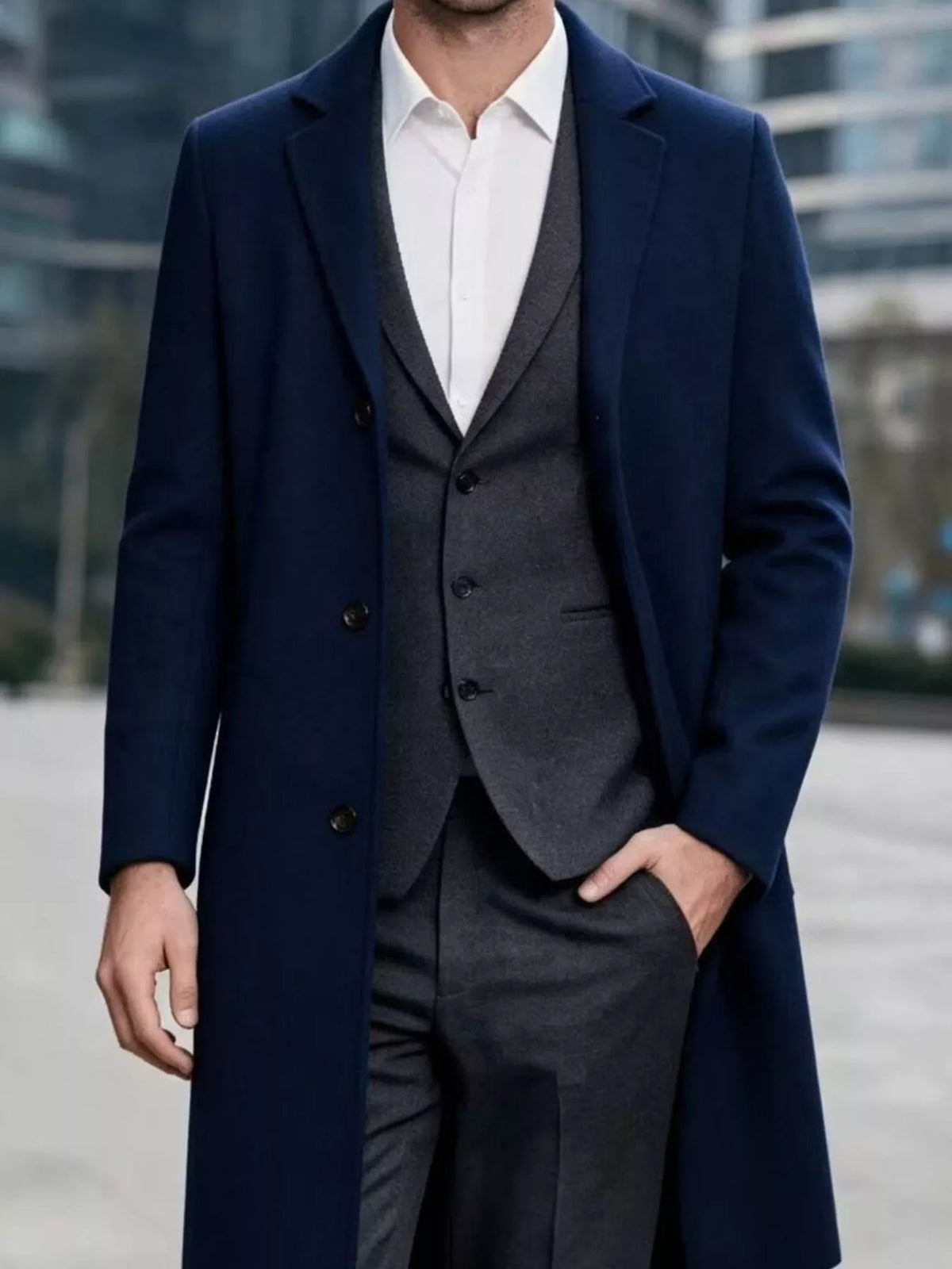 Nobilityze men's slim-fit overcoat with lapel collar, tailored outerwear in a full size, black color, displayed on a hanger