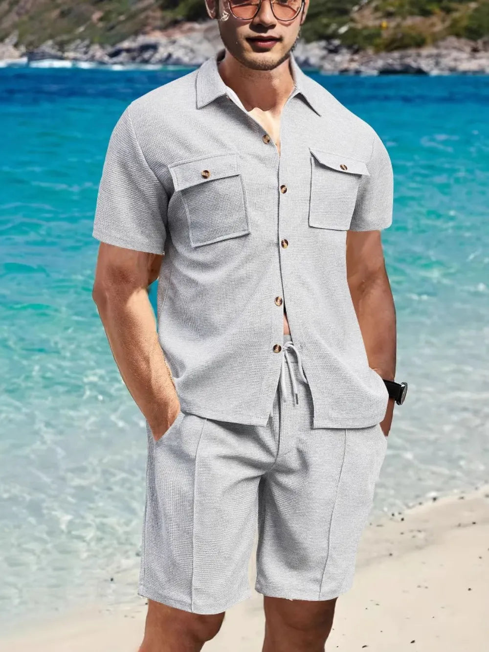Trendsi AriaStyle men's short sleeve button-down top and matching shorts set, casual full-size summer outfit, light fabric, relaxed fit