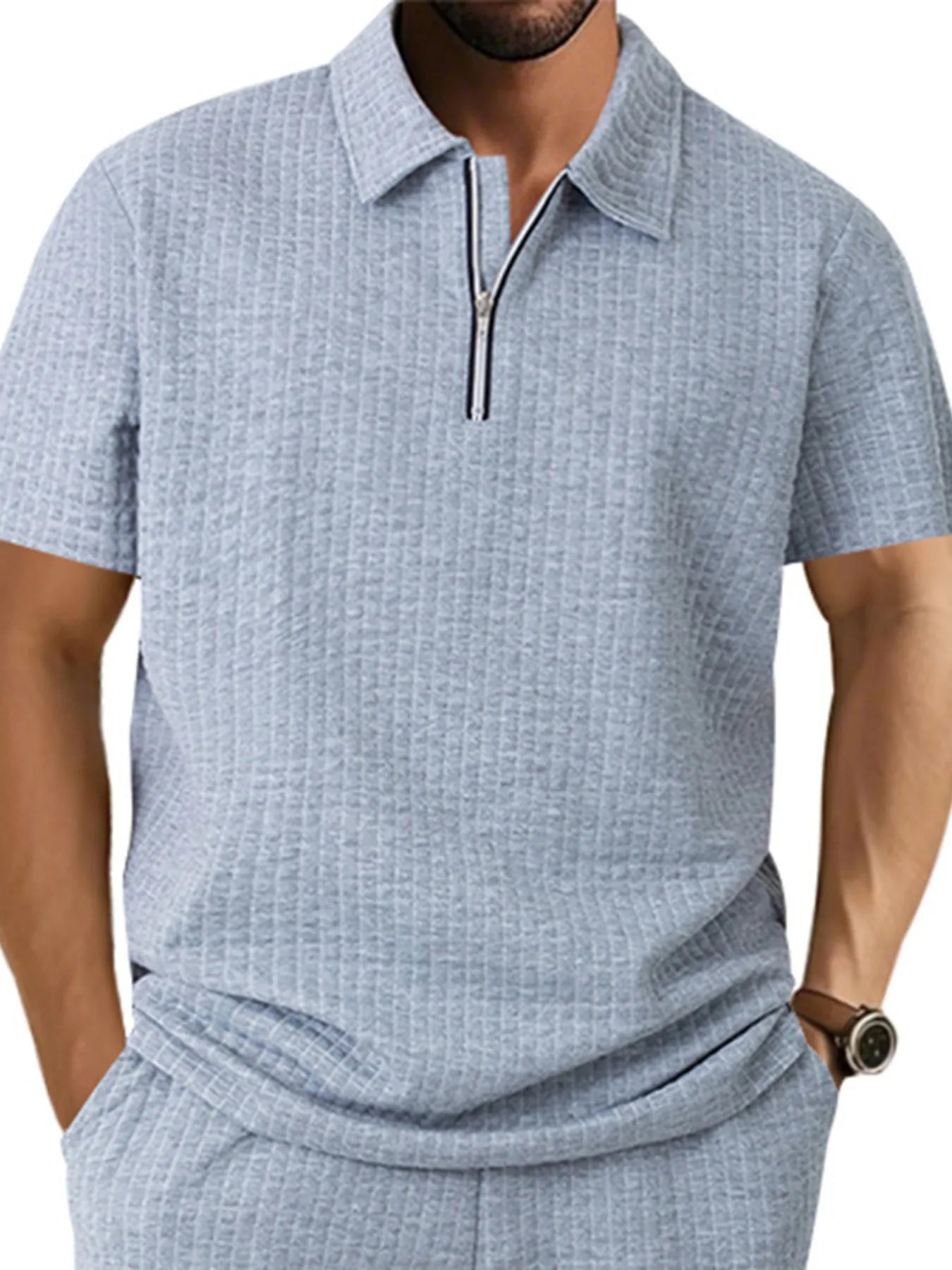 DapperMate men's waffle short sleeve polo shirt with zipper detail, trendy men's fashion shirt by Trendsi in black and white.