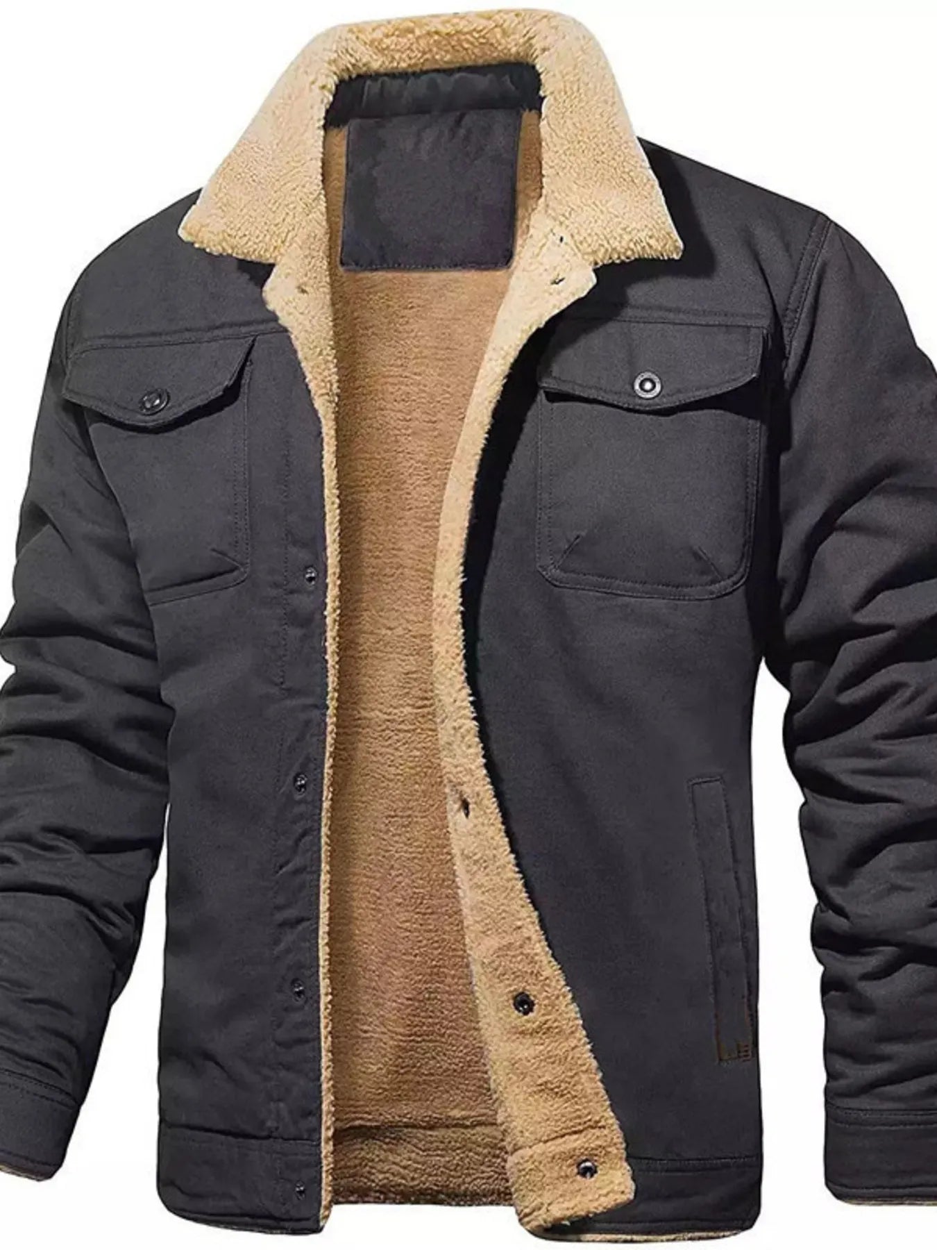 Men's plus size Sherpa-lined long sleeve jacket, cozy outerwear with warm lining, by Trendsi.