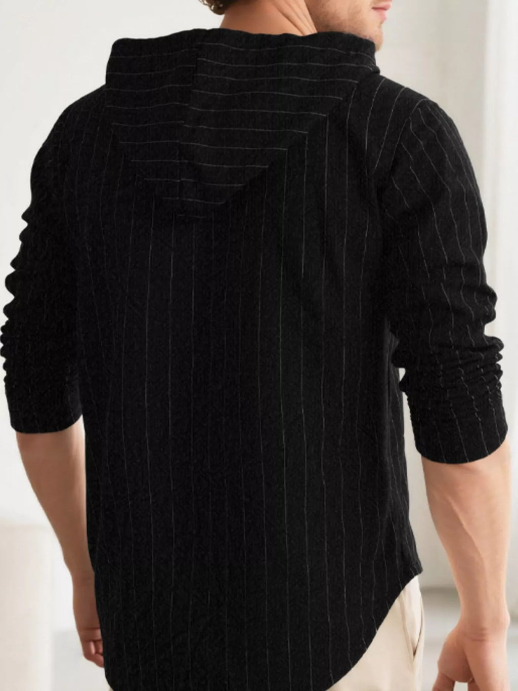Plus size men's RIGOR hooded button-up shirt with drawstring hood and long sleeves, styled casually.