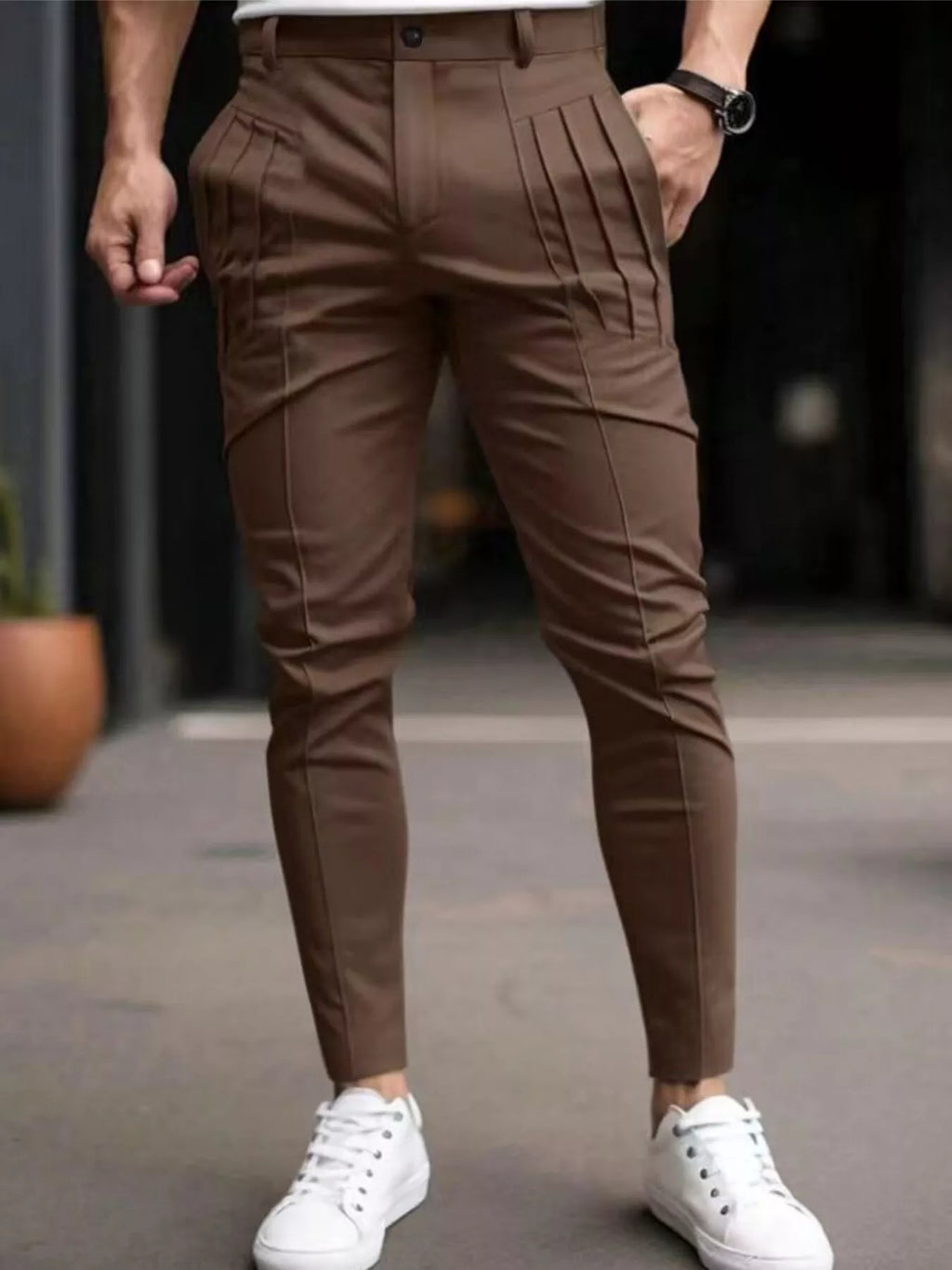Nobilityze men's full size pleated slim fit casual pants in plus size, black, with front pleats and tailored fit.