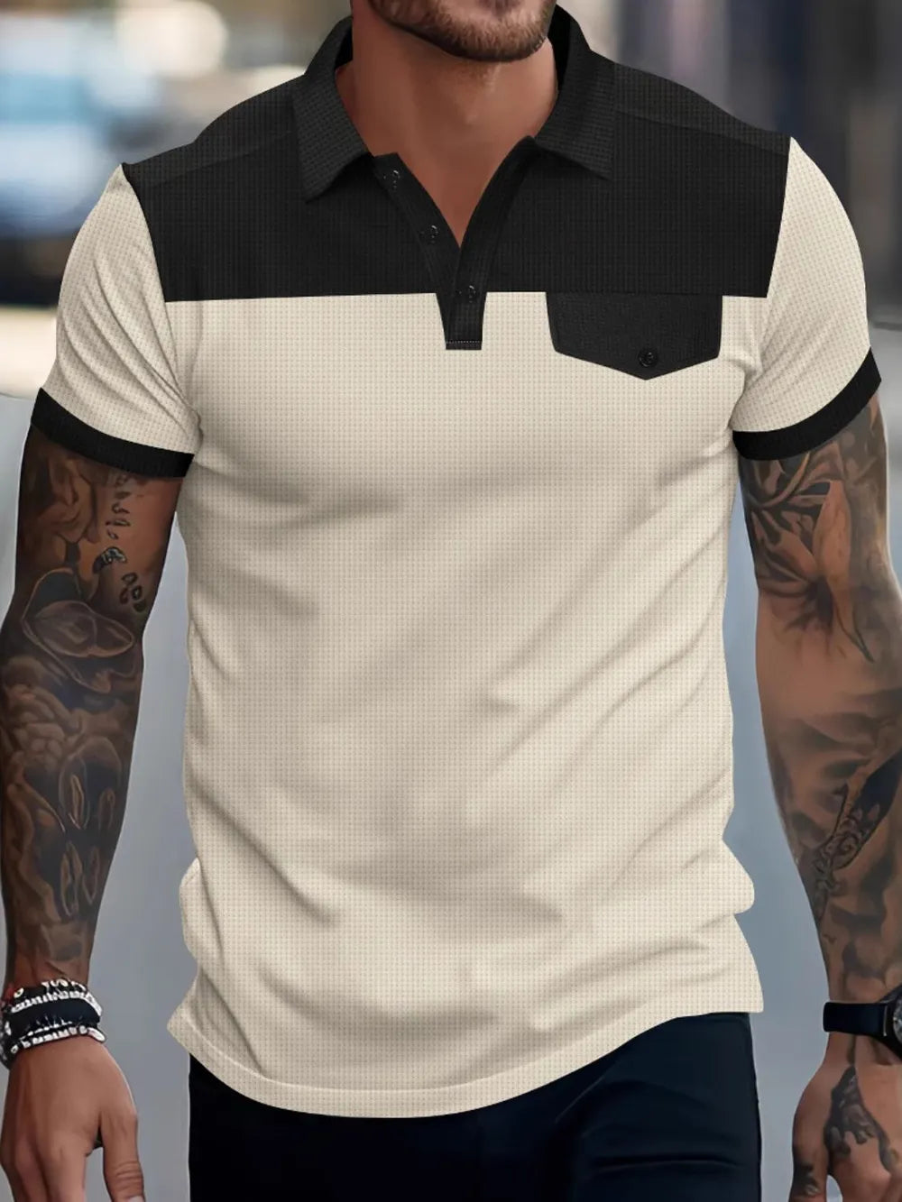 Men's plus size waffle-knit polo shirt with contrast collar by Trendsi, featuring a full-size design and classic collared style.