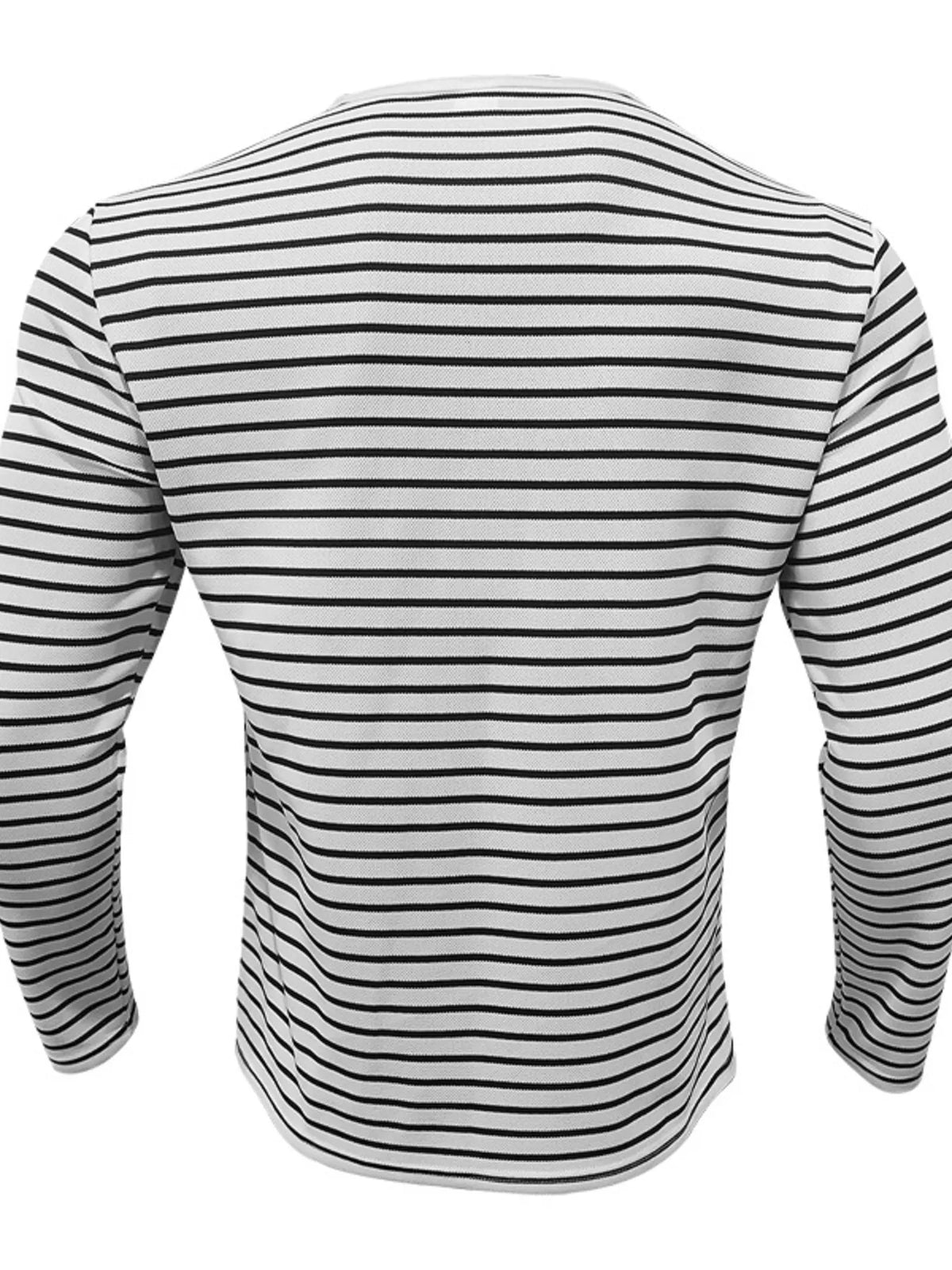 Men's striped long sleeve T-shirt by RIGOR, made by Trendsi, featuring a casual fit with vertical stripes in various colors.