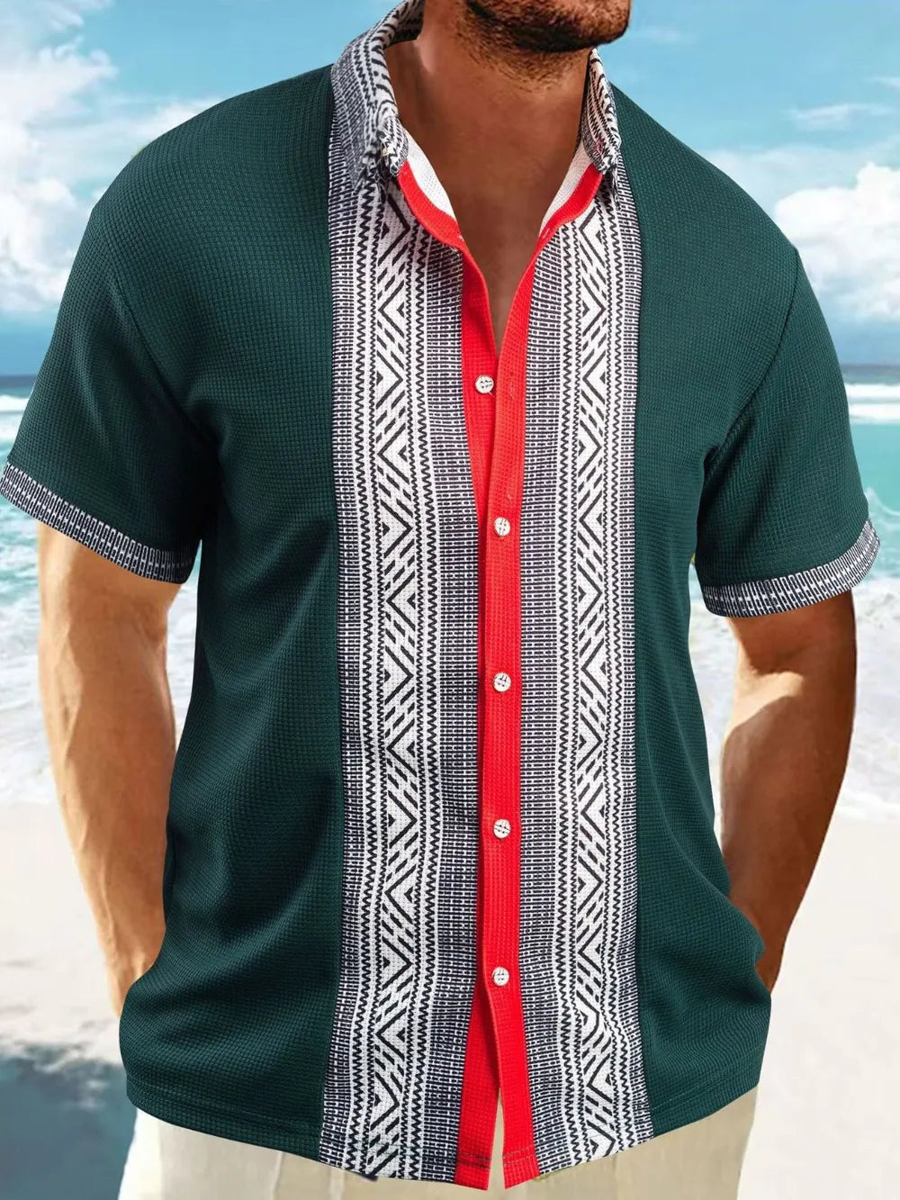 Men's short sleeve button down shirt with contrast details from AriaStyle by Trendsi, shown in a full front view.