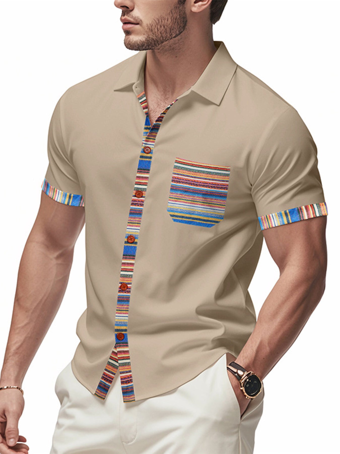 Men's full size short sleeve shirt with colorful trim from Trendsi, featuring a casual fit and vibrant accents.