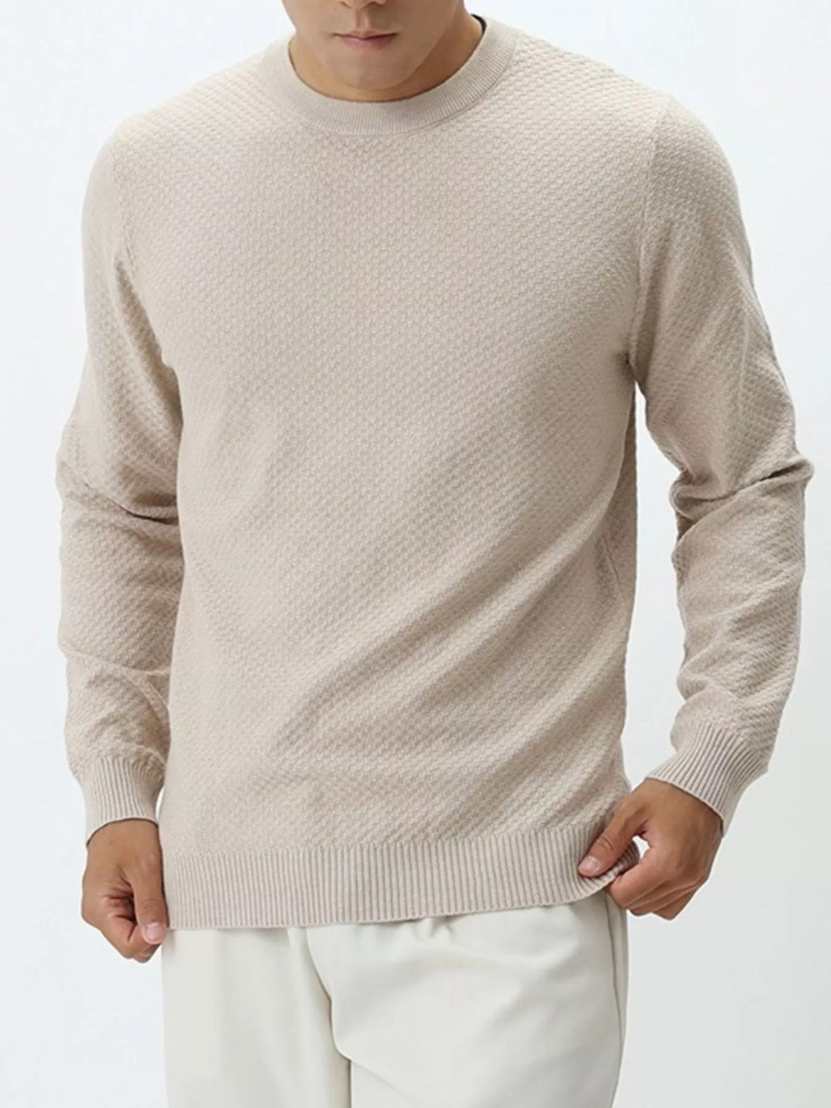 Plus size men's textured crew neck sweater by ValiantMan, featuring a cozy knit fabric and classic fit, in neutral color.
