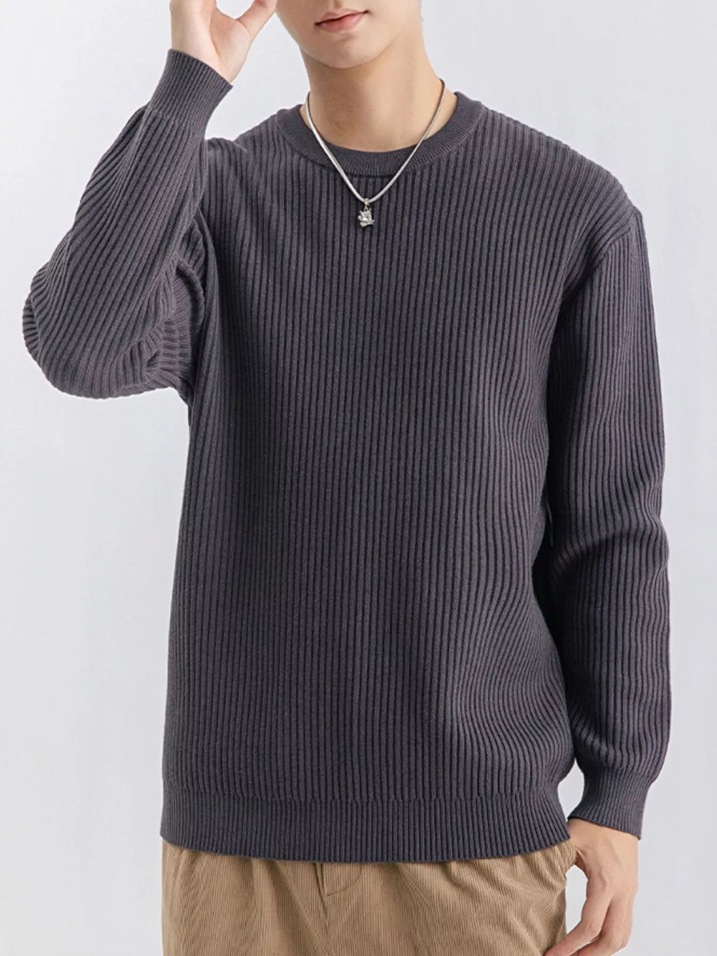 ValiantMan men's plus size ribbed knit crew neck sweater in a cozy, textured fabric, shown in a natural beige color.