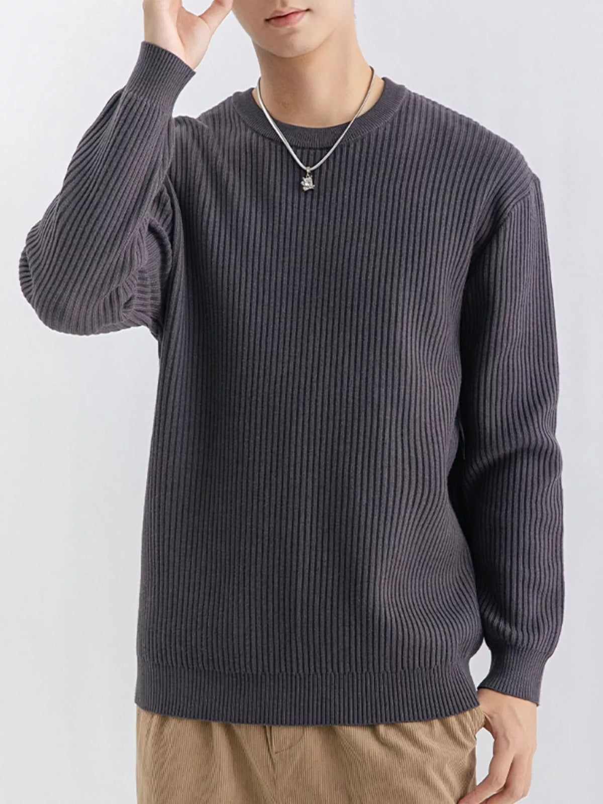 ValiantMan men's plus size ribbed knit crew neck sweater in a cozy, textured fabric, shown in a natural beige color.