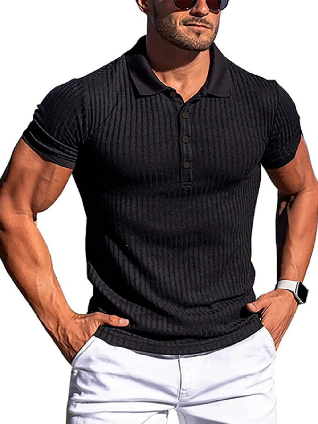 Men's RIGOR polo shirt and shorts set by Trendsi, featuring a comfortable, stylish shirt and matching shorts for casual wear.