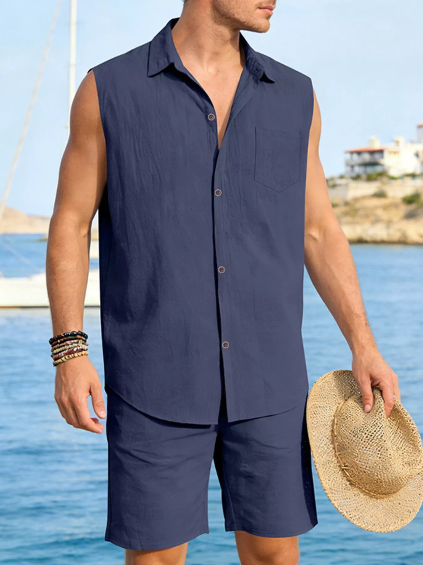 Trendsi RIGOR men's casual short sleeve polo and shorts set, featuring a comfortable, stylish design in neutral colors.