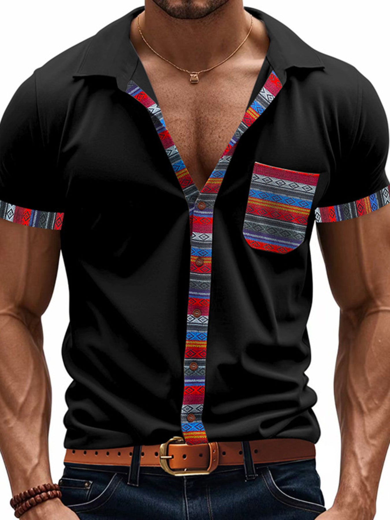Men's RIGOR short sleeve shirt with colorful trim, casual style, featuring a button-up front and vibrant design details.