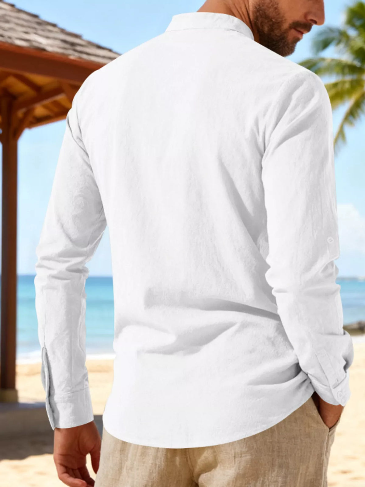 Men's casual linen shirt by Trendsi, full size, lace-up style, lightweight and breathable fabric, displayed in natural color.