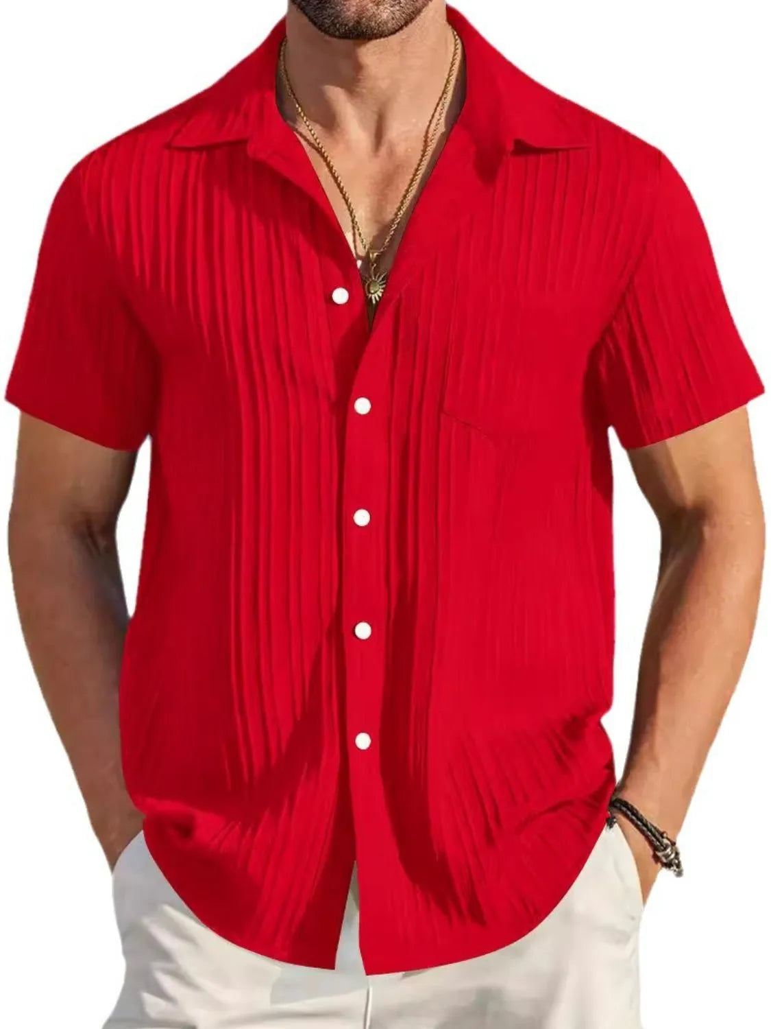 Men's casual short sleeve button-down shirt by Trendsi, featuring a relaxed fit and versatile design.