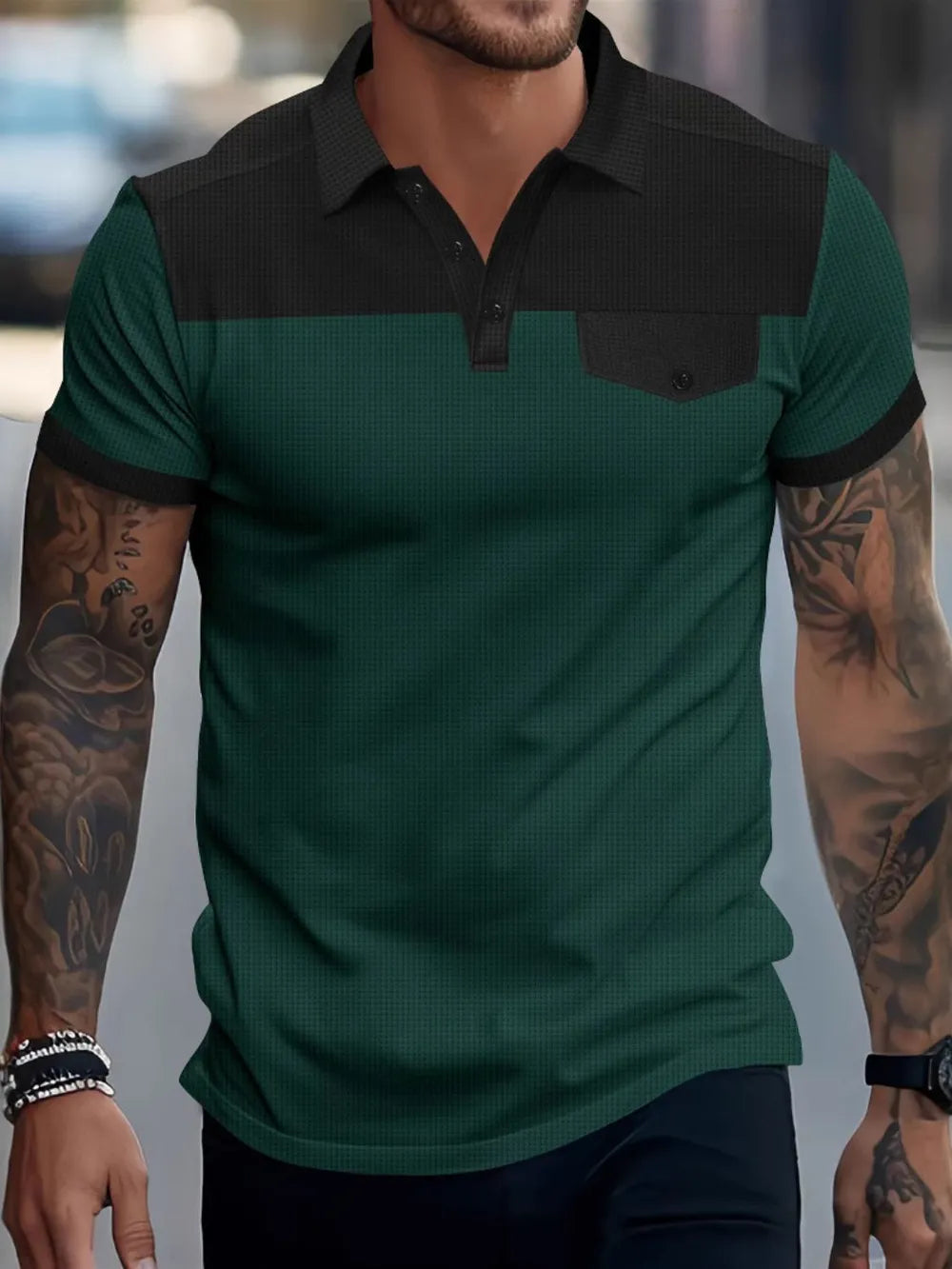 Men's full size waffle-knit polo shirt by Trendsi, with contrast collar and collar detail, in plus size, shown on a model.